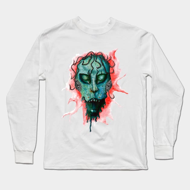 Scary voodoo zombie green face watercolor Long Sleeve T-Shirt by Agras